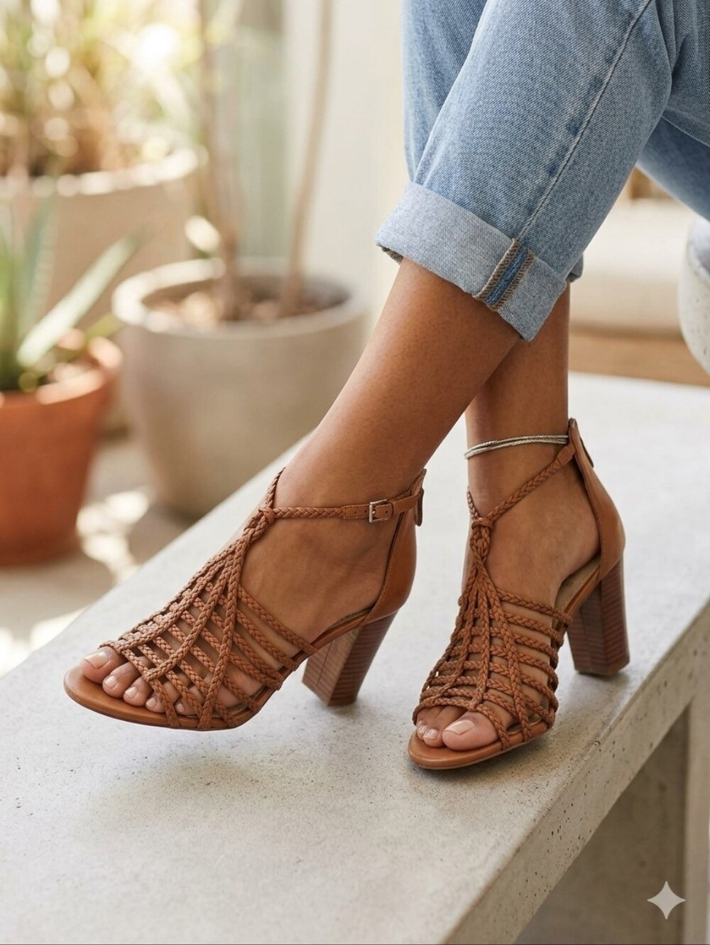Vince Camuto Ariah Braided Strappy Block Heel Sandals Tan Size 10